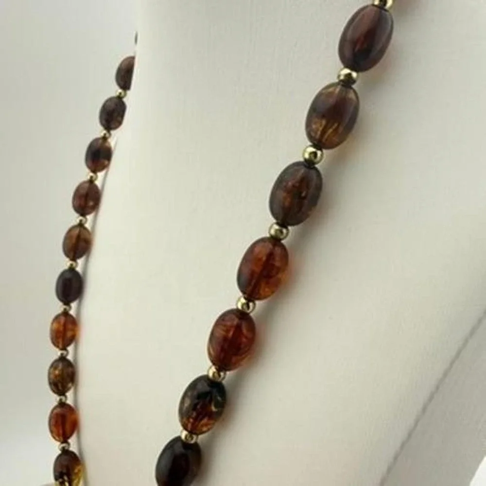 Gold Tone Necklace Faux Amber Oval Bead Screw Clasp Vintage Style